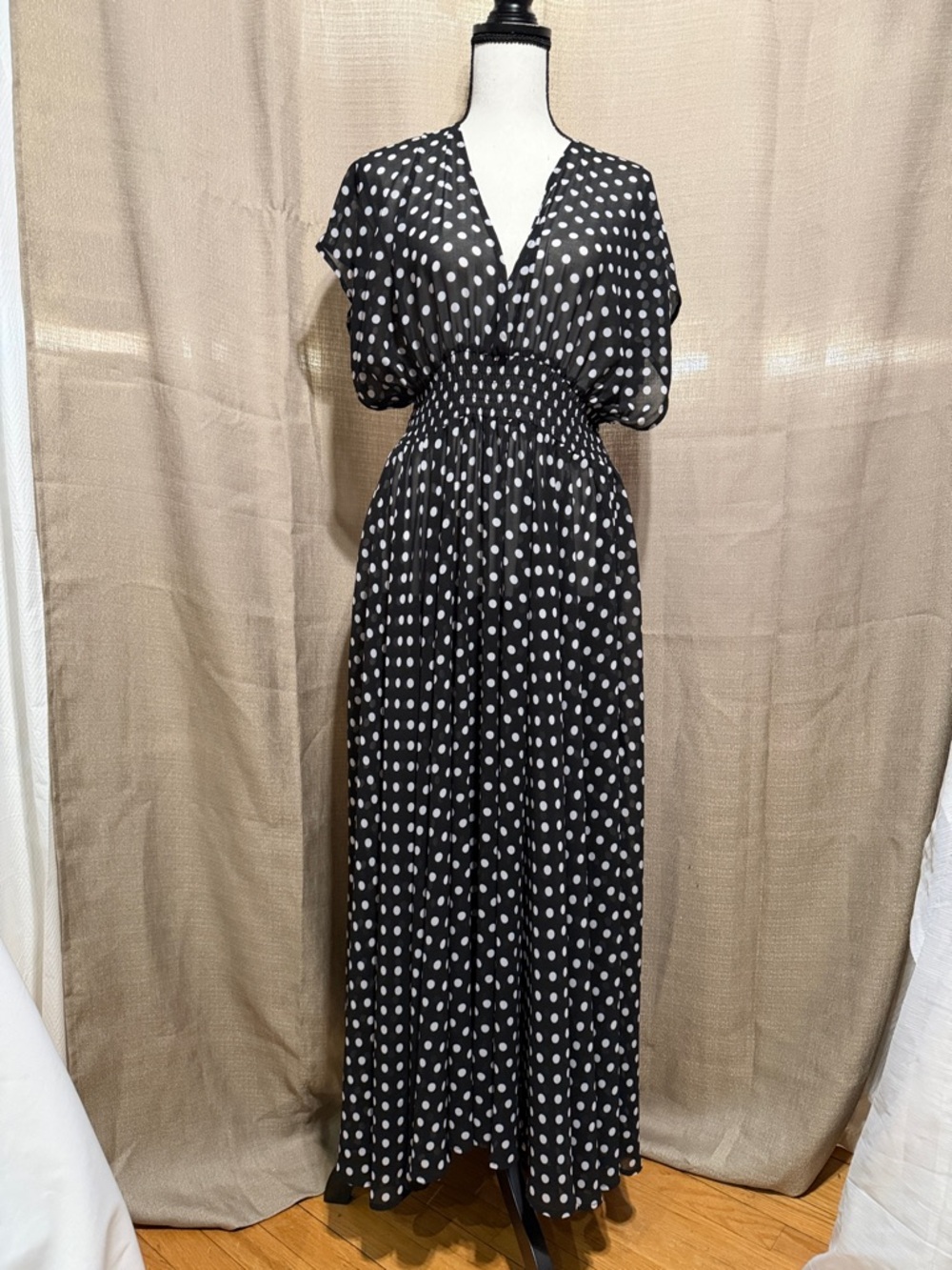 Kate Spade Black Polka Dot Maxi Smocked Waist Beach/Lounge Dress